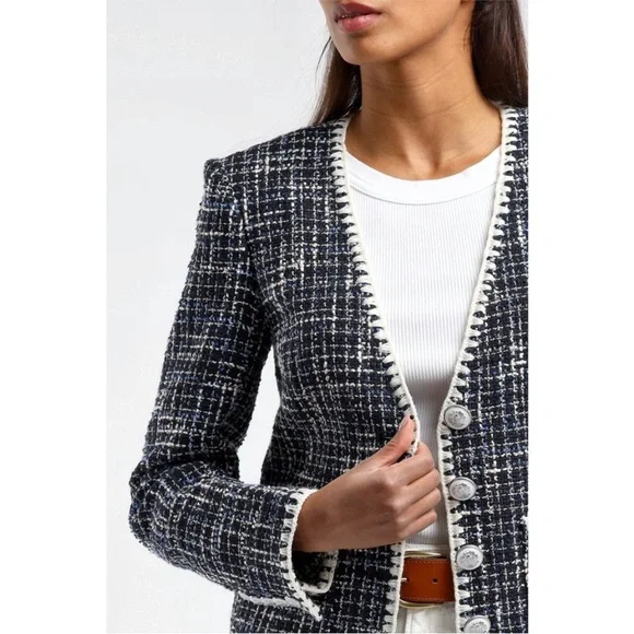 NEW Veronica Beard Bosea Tweed Cotton Blend Jacket Navy Multi 12 - Picture 4 of 17
